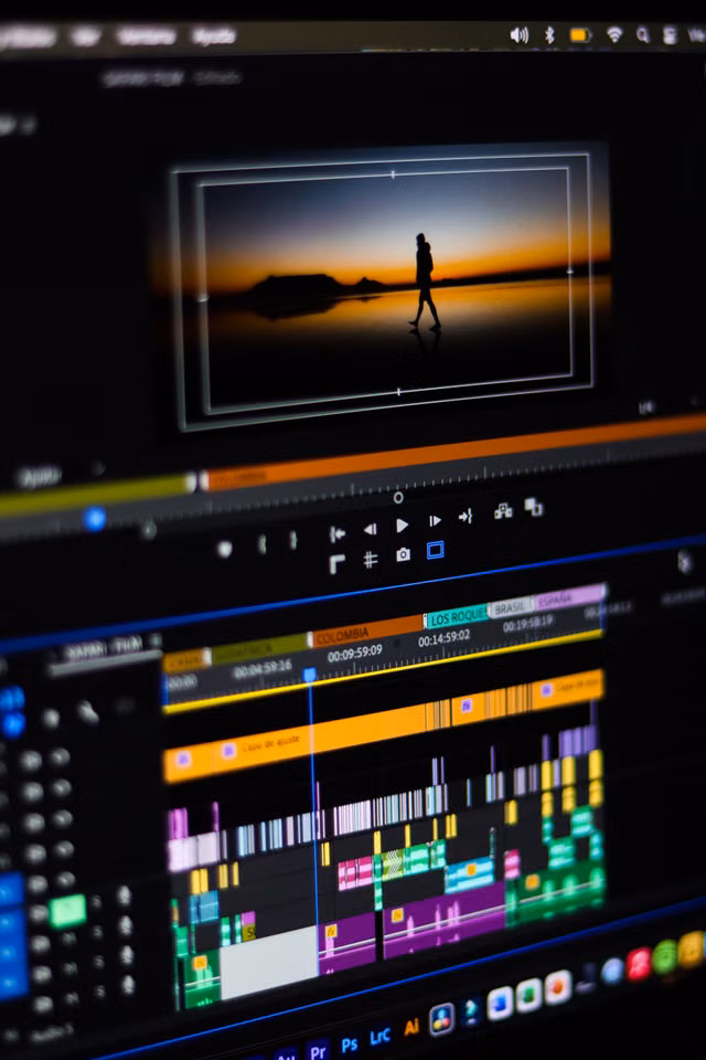 Nahaufnahme einer Video-Schnitt-Timeline auf einem Bildschirm